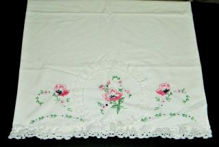 1 Vintage Cottage Chic Hand Embroidered Pink Poppies Standard Pillowcase - 20x29.  5