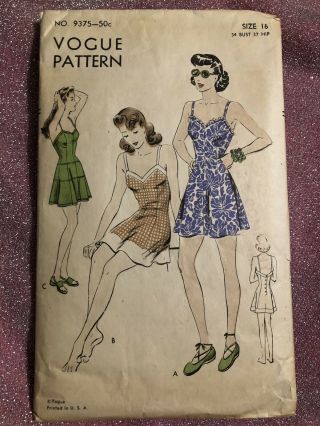 Vogue Pattern 9375 Vintage 1940s Bathing Suit Size 16
