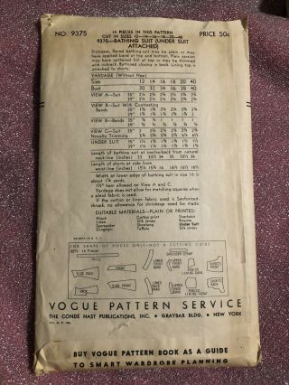 Vogue Pattern 9375 Vintage 1940s Bathing Suit Size 16 2