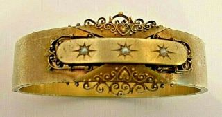18k Gold Antique Etruscan Bangle W Seed Pearls Wearable Size 28.  8 Grams Bin