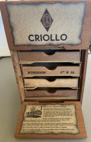 Rare Vintage Cao Criollo Map Top 4 Sliding Drawer Double Door Wooden Cigar Box