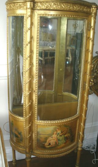 Must Sell,  French 19th C Antique Gilt Wood Curved Glass Vitrine Cabinet Painting