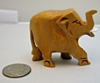 Vintage Small Wooden Elephant with Trunk Up with Tusks Carved 2 1/4 