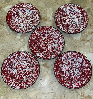Set Of 5 Vintage 8” Red Speckled Granite Enamel Camping Salad Bowls