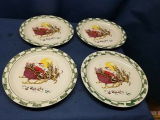 Vintage Stoneware Santa Claus In Sleigh Christmas Plates Set/4 Dinner Plates