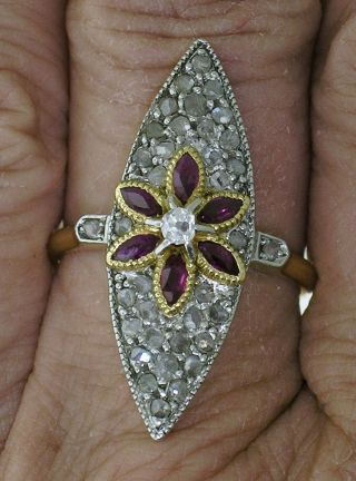 Navette Diamond Ring Platinum - Topped 14k Yellow Gold Diamond Ruby Flower Ring
