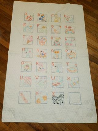 Vintage Hand Embroidered Baby Quilt Crib Blanket Great Shape Alphabet 36 X 54