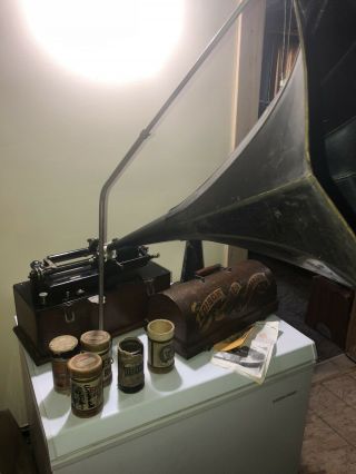 Antique 1898 Edison Home Phonograph w/ small and large horn 5 cylinders H22795 2