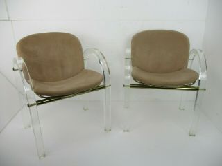 Pair Couple Charles Hollis Jones Lucite Set Chairs Mcm Metric Fabric Brass Htf