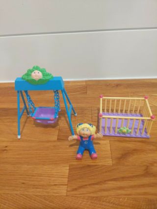 Cabbage Patch Kids Doll Miniature Swing And Seated Doll With Crib Vintage 1984