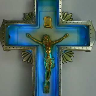 Antique CHURCH ART DECO JESUS CROSS FUNERAL BLUE NEON CRUCIFIX LIGHT VTG STAND 3