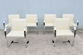 Ludwig Mies Van Der Rohe For Knoll Ivory Leather Flat Bar Brno Chairs - Set Of 6