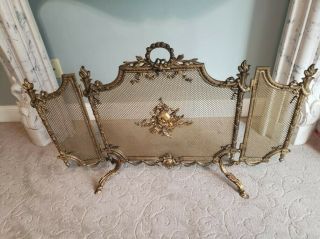 Antique French Louis Xvi Style Bronze 3 Section Folding Fire Screen Flame Torch