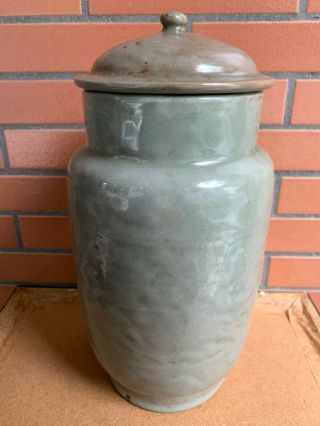 Chinese Antique Green - Glazed Carving Lotus Porcelain Vase With Lid No Mark