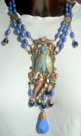 Very Old Art Nouveau Blue Fly,  Glass Necklace,  Signed Czechoslovakia