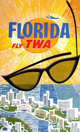 Vintage Fly Twa To Florida Poster By David Klein C1960