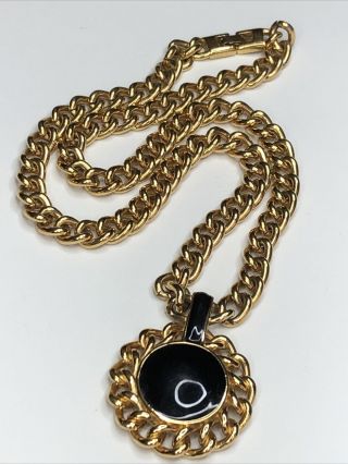 Vintage Signed Monet Chunky Gold Tone Linked Black Enamel Pendant Necklace