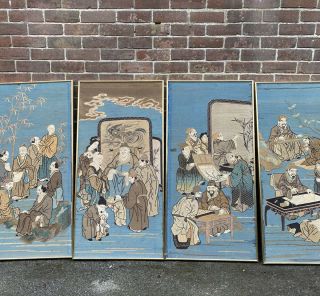 Four Large Chinese Japanese Embroidered Silk Wall Hangings Panel 19th Century
