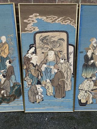 FOUR LARGE CHINESE JAPANESE EMBROIDERED SILK WALL HANGINGS PANEL 19TH CENTURY 2