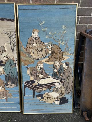 FOUR LARGE CHINESE JAPANESE EMBROIDERED SILK WALL HANGINGS PANEL 19TH CENTURY 4