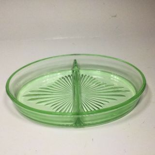 Vintage Green Depression Uranium Glass 2 Section Candy Dish 8 - 3/4”