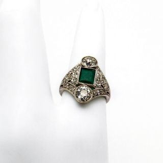 Art Deco Three Stone Ring Emerald Diamonds Platinum