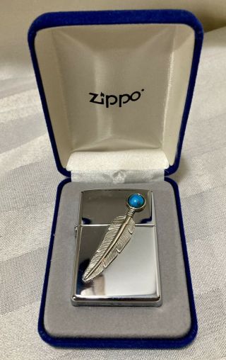 Vintage 2004 Zippo Indian Feather W Turquoise Stone Lighter Chrome