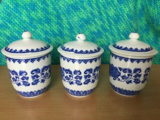 Three Vintage Chinese Porcelain Blue And White Tea Mugs With Lids Flowers Marked