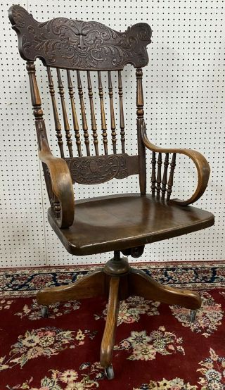 Antique American Golden Oak Northwind Roll Top Office Desk Chair Swivels C1890