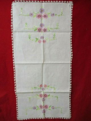 Vintage Linen Dresser Scarf Table Runner Embroidered Pink Purple Asters Flowers