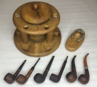 Vintage Estate Tobacco Briar Pipes (6) With Tobacco Jar/rack/stand