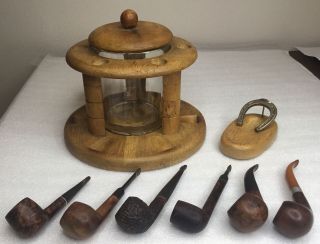 Vintage Estate Tobacco Briar Pipes (6) With Tobacco Jar/Rack/Stand 2