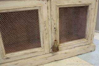 Vintage French Farmhouse Armoire Cabinet Shelves Distressed Beige Wire Front 3