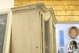 Vintage French Farmhouse Armoire Cabinet Shelves Distressed Beige Wire Front 6
