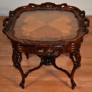 1910s Antique French Louis Xv Walnut & Satinwood Inlaid Glass Top Coffee Table