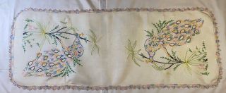 Vintage Hand Embroidered Peacock Table Runner Dresser Scarf Cloth Linen Cotton E