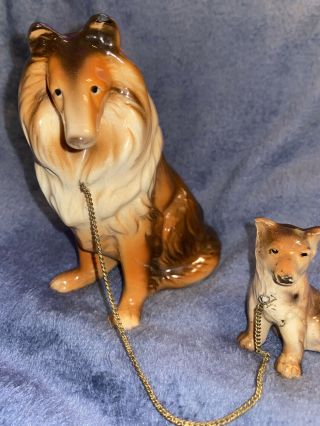 Vintage Japan Ceramic Collie Lassie Dog With Pup On Chain Figurines