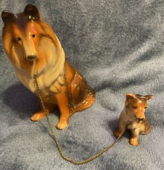 Vintage Japan Ceramic Collie Lassie Dog with Pup on Chain Figurines 2