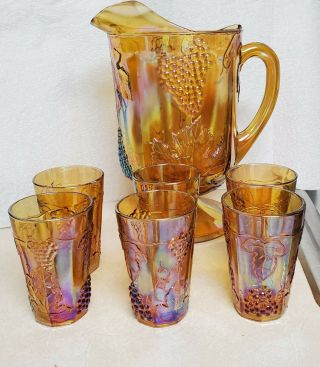 Vintage Indiana Amber Carnival Glass Harvest Grape Pitcher And 6 Glasses