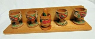 5 Vintage Hand Painted Wood Egg Cups & Wall Rack - Retro Florals
