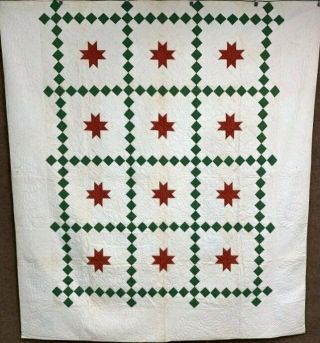 Early C 1840 - 50s Framed " Stars " Quilt Antique Turkey Red Hearts