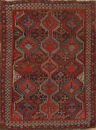 Antique Kazak Caucasian Russian Oriental Wool Area Rug Red Geometric Carpet 4x6