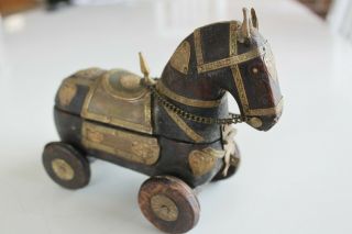 Vintage Asian Wooden Carved Trojan Horse Trinket Box - Brass Overlay