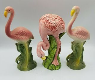 3 Vintage Pink Flamingo Ceramic Figurines 8 " & 9 " 1 Head Down,  2 Heads Up