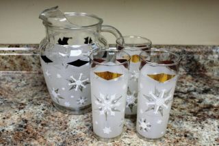 Vintage Snowflake & Black/gold Diamond Mid Century Glass Pitcher W/ 3 Glasses