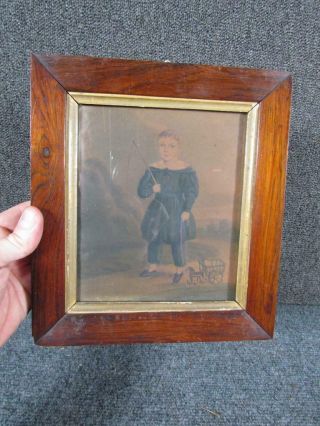 Antique Period 19thc.  Miniature W/c Folk Art Portrait Of Boy In Green Dress