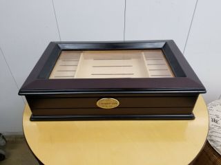 Large 1915 Thompson &co Cigar Humidor Box Solid Cherry Wood Glass Top Humidifier