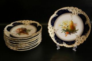Set Of 8 Antique Germany Porcelain Nymphenburg Plate With Fruit Cobaltand Gold.