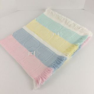 Vintage Acrylic Baby Blanket Fringe Pastel Blocks Heart Cotton Woven 43 " X35 "