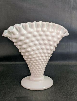 Vintage Fenton White Milk Glass Hobnail 6 " Fan Vase Ruffled Top Edge